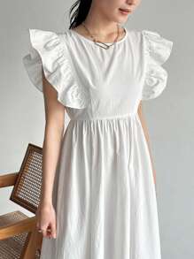 FRIFUL Women Fashionable Solid Color Ruffled Sleeve Dress Sundress - White - View 4