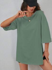 Cottnline Áo thun nữ mùa hè màu trơn cổ tròn tay 3/4 có viền xẻ để mặc thường ngày - Màu xanh Bạc hà - Xem 5