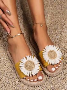 女士向日葵平底拖鞋，夏季單帶開趾鞋，休閒戶外海灘度假拖鞋 - 黃色 - 查看 1