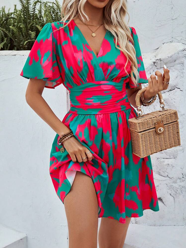 SHEIN LUNE Ladies Random Print V-Neck Empire Waist Dress | SHEIN USA