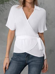 SHEIN Essnce White V-Neck Button Front Shirt For Women, Casual Holiday Streetwear With Cinching Waist - White - View 1