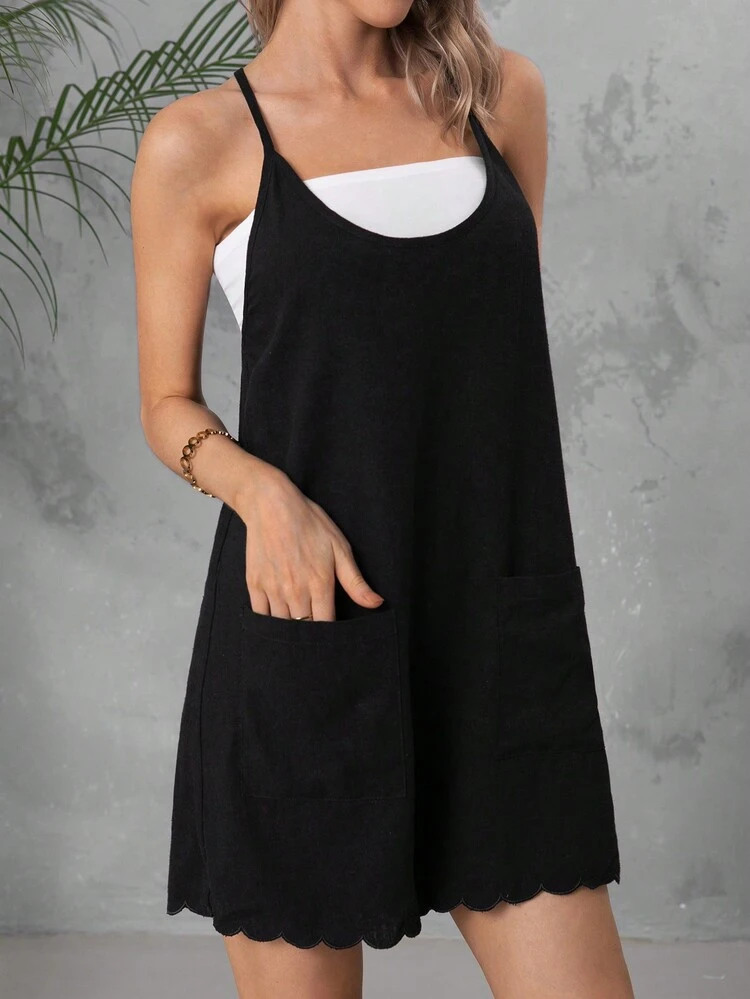 Music Festival Style Black Floral Embroidery Casual Jumpsuit With Double Pocket