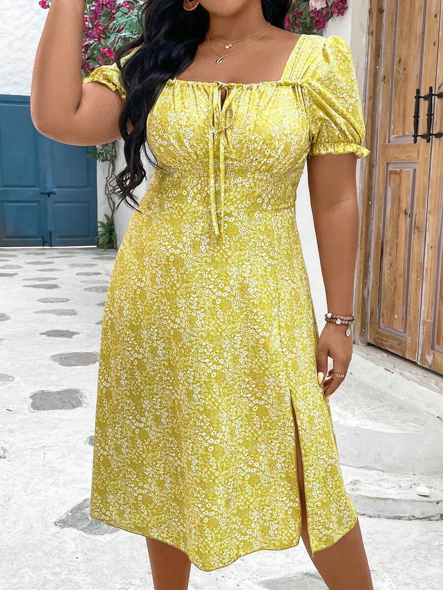 Flirla Plus Size Tie Front Square Neck Floral Print Dress - Yellow - View 1