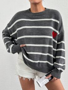 EURMUSE Plus Size Heart Pattern Long Sleeve Striped Sweater - Dark Grey - View 1