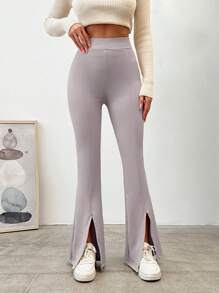 RueChic Solid Elastic Waist Seam Front Split Hem Pants - Dusty Pink - View 5