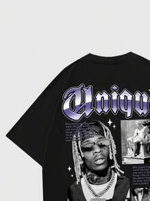 ROMWE MEN Street Life Camiseta de manga corta con estampado de personaje de hip hop vintage de alta calle, escuela, para hombres