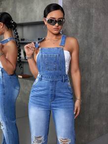 Women Spring/Summer Casual Straight-Legged Ripped Denim Jumpsuit - Medium Wash - View 5