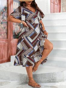 Kích thước lớn In Cổ chữ V Đầm Với Ruffled - Nhiều màu - Xem 7