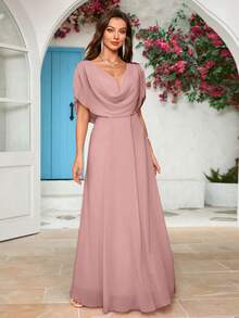 Solid Color Chiffon Draped Neck Bridesmaid Dress - Dusty Pink - View 6
