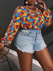 Slaydiva Floral Plus Size V-Neck Holiday Stylish Bodysuit - Blue - View 3
