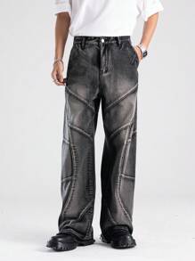 ROMWE MEN Street Life Men Simple Daily Fashion Washed Slant Pocket Baggy Jeans, School - Black - View 1