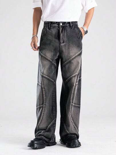 Street Life Jeans amples à poches en biais lavés, simple mode quotidienne, pour homme, école