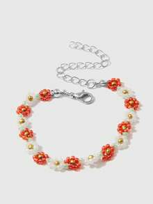 ROMWE Kawaii Pulsera de cuentas de flores pequeñas coloridas y versátiles para mujeres - Blanco - Ver 4