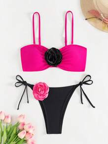 SHEIN Swim Conjunto de bikini con decoración de flores 3D de color contrastante, para verano en la playa - Rosa Fucsia - Ver 4