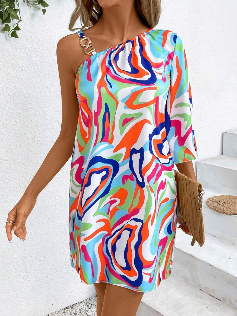 Breezaya Ladies Stylish Colorful Printed Oblique Shoulder Dress - Beige - View 1