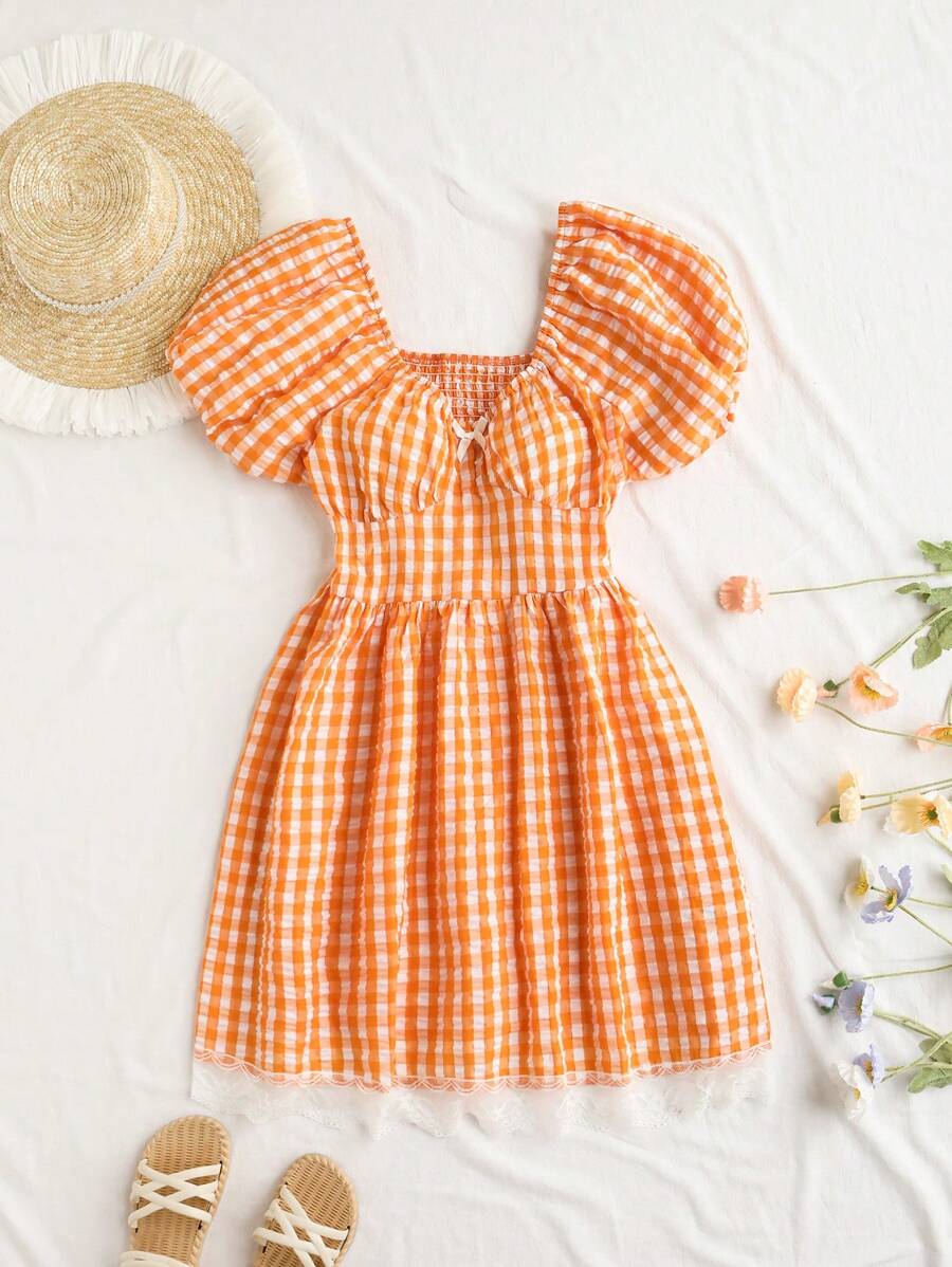 Soleia Plus Size Sweetheart Neck Puff Sleeve A-Line Dress With Lace Trim - Orange - View 1