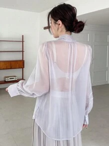 DAZY Solid Color Loose Long Sleeve Lady Shirt With Ribbon Tie Sheer