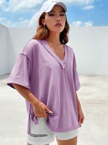 SHEIN EZwear Casual Loose Knit Women V-Neck T-Shirt