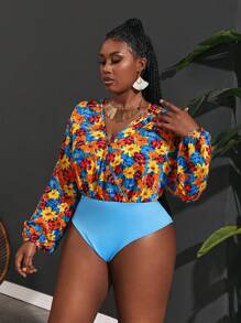 Slaydiva Floral Plus Size V-Neck Holiday Stylish Bodysuit - Blue - View 5