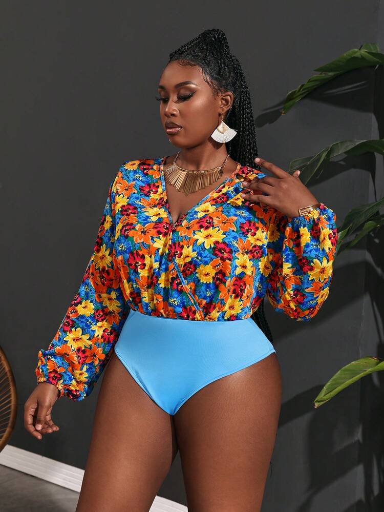 Floral Plus Size V-Neck Holiday Stylish Bodysuit