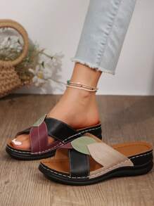 Sandały, najnowsze modne sandały damskie z wzorem liścia, sandały na grubym obcasie z zakrytą cholewką, sandały na grubym obcasie z krzyżującymi się paskami, wsuwane sandały codzienne, wzmocnione szwy, sandały na grubym obcasie na wakacje, letnie podróże, wakacje, swobodne, plażowe, wodoodporne, wytrzymałe, wygodne kapcie