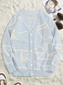 SHEIN Cottnline Men Graphic Pattern Button Front Cardigan Sweater - أزرق بحري - مشاهدة 3