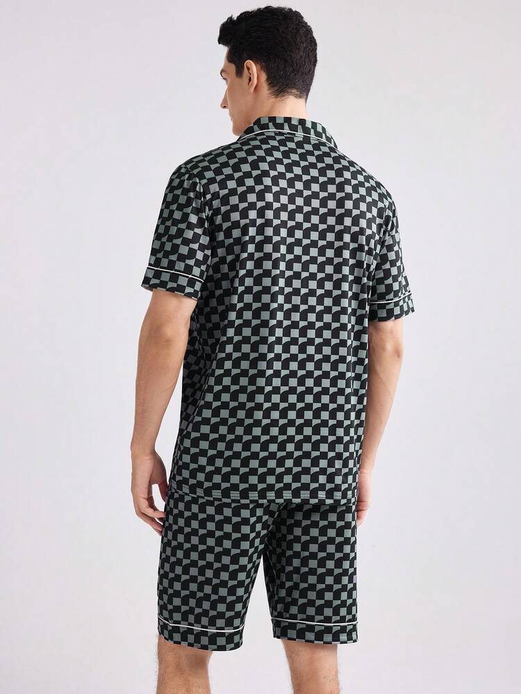 Men Plaid Single-Breasted Short Sleeve Shirt And Shorts Homewear Set
