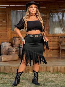 SHEIN LUNE Jupe ourlet à franges pour femmes de grande taille, couleur unie et à la mode