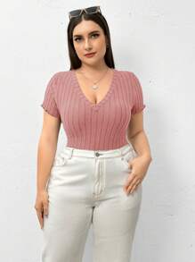 SHEIN Essnce 大碼女性新款夏季時尚休閒純色坑織布料V領短袖3入連身衣 - 粉色 - 查看 4