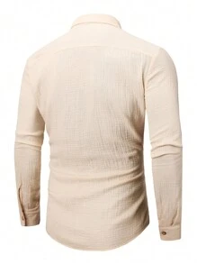 男士纯色波西米亚风格长袖休闲衬衫，适合秋季 - 杏色 - 查看 2