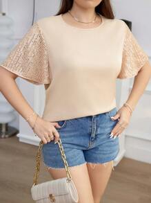SHEIN Clasi Plus Size Round Neck Glittery Ruffled Sleeves Casual Simple Everyday Spring Summer Short Sleeve T-Shirt - Apricot - View 4