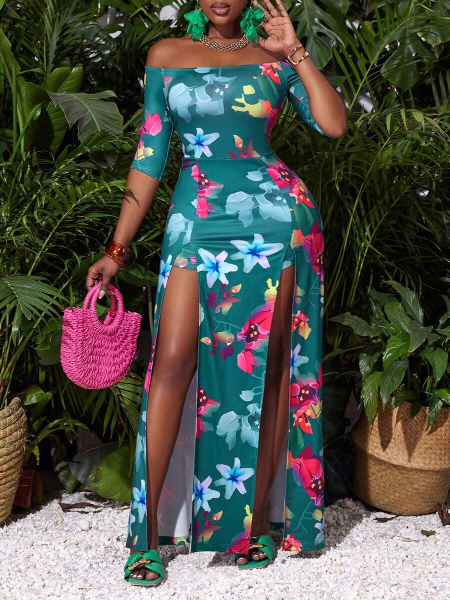 Slaydiva 休閒度假露肩短袖高開叉連至大腿裙，全身熱帶花卉印花女裝連衣裙-C - 彩色 - 查看 1