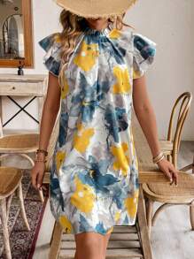 Breezaya Women Fashionable Floral Print Ruffled Sleeve Dress Vacation Beach Outfit