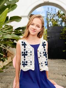 SHEIN Tween Girl Cover Up Loose College Style Cropped Cardigan With Open Front - Apricot - View 4