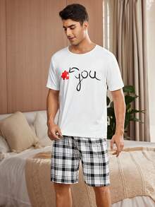 Conjunto de ropa de verano para hombre con camiseta de manga corta con letras impresas y pantalones cortos a cuadros para estar en casa - Blanco - Ver 4