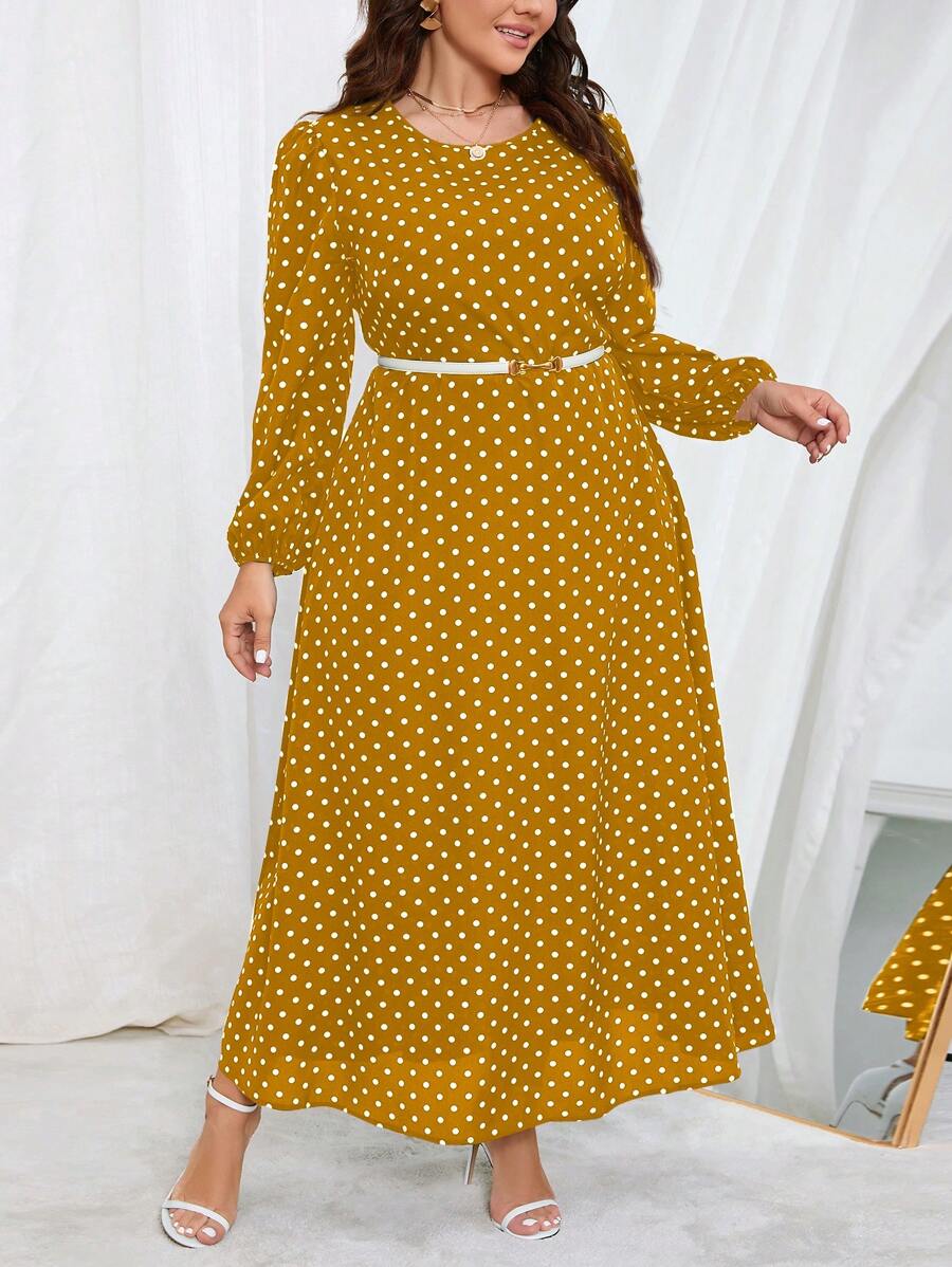 SHEIN Clasi 大碼發燒款襯衫袖波點印花裙，附腰帶，適合度假或休閒 - 黃色 - 查看 1