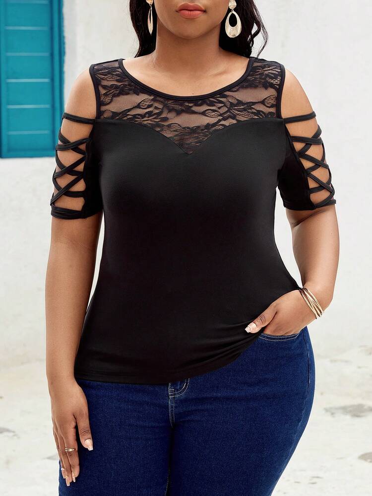Plus Size Lace Splicing Summer Fashion T-Shirt