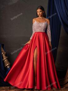 Women's Color Block Off Shoulder Long Sleeve Beaded Decor Long Elegant Evening Dress, Formal