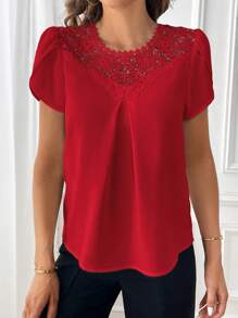SHEIN Clasi 女性夏季休閒純色蕾絲拼接泡泡袖襯衫 - 紅色 - 查看 4
