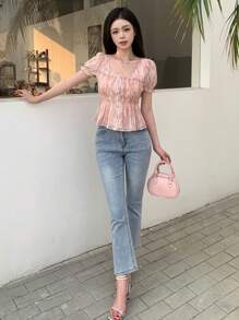 DAZY Women Ruffle Hem All-Over Print Summer Shirt Babydoll Top