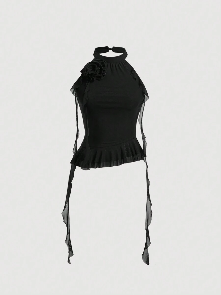 SHEIN MOD 復古3D花Ribbon裝飾女士合身背心,有頸套 - 黑色 - View 1
