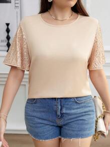 SHEIN Clasi Plus Size Round Neck Glittery Ruffled Sleeves Casual Simple Everyday Spring Summer Short Sleeve T-Shirt - Apricot - View 5