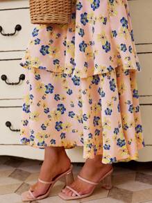 GENKIRA Vestido de estilo francés romántico de dos tonos con estampado floral, corte de sirena y cintura curvada con múltiples capas para mujeres, verano - Multicolor - Ver 2