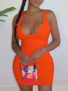 Slaydiva Casual Simple Orange Sleeveless Thick Strap V-Neck Fitted Mini Dress For Women, Suitable For Summer,Summer Dresses For Women Suitable For Going Out Chic Dress