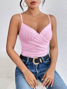 Breezaya Summer Leisure Solid Color Texture Ruffled Slim Fit Camisole Top - Pink - View 6