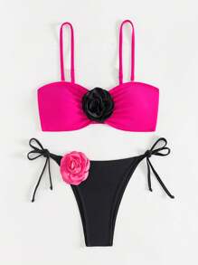 SHEIN Swim Conjunto de bikini con decoración de flores 3D de color contrastante, para verano en la playa - Rosa Fucsia - Ver 3