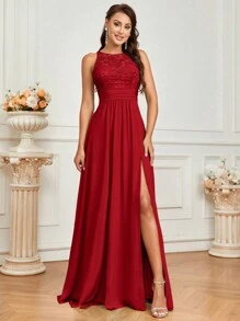 SHEIN Belle Women Fashionable Lace Spliced A-Line Dress With Side Slit, Perfect For Bridesmaid (Adult)