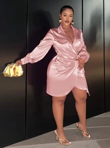 Slaydiva Plus Size Spring/Summer Casual Wrap Belt Waist Dress - Pink - View 4