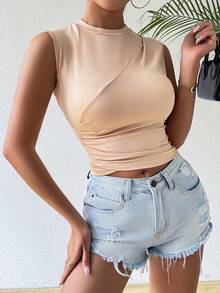 Chiquease Của phụ nữ Mùa hè Màu thuần Xếp li Nhiều lớp Giải trí Áo ba lỗ - Màu Khaki - Xem 3
