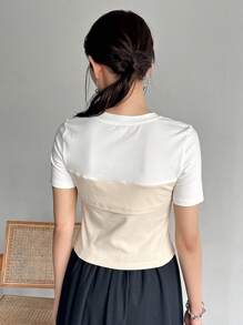 FRIFUL Women Summer Casual Round Neck Short Sleeve T-Shirt With Color Block And Letter Print,Graphic Tees - White - View 5